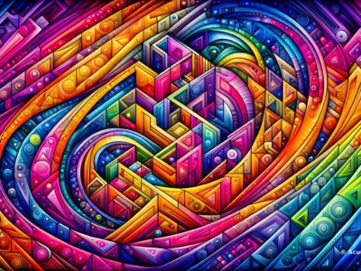Una composizione astratta di linee geometriche intrecciate in colori vivaci, con forme curve e triangoli che creano un effetto dinamico e moderno.
