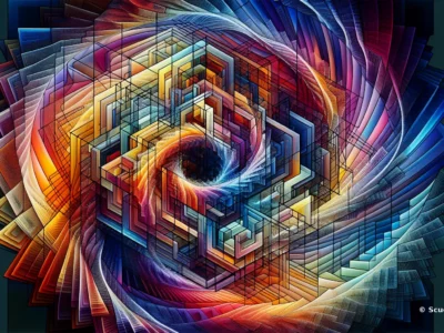 Un vortice astratto multicolore con forme geometriche sovrapposte, linee intrecciate e profondità dinamica, in una composizione digitale 16:9.
