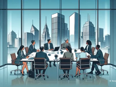 In una sala riunioni moderna con vetrate panoramiche, un team di professionisti discute intorno a un tavolo con laptop e documenti, con skyline urbano.