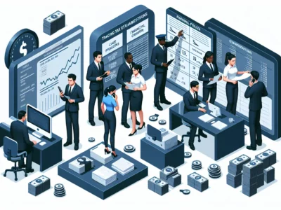 Nel mondo Scudo231, un team di professionisti analizza grafici finanziari, documenti e pile di denaro in un ufficio digitale isometrico.