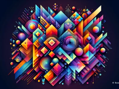 Un mosaico astratto di forme geometriche luminose, cerchi e sfumature neon richiama il branding di Scudo231.it su sfondo scuro digitale.