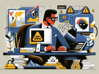 Un consulente in ufficio gestisce dati, grafici e avvisi di rischio cyber per Scudo231.it, con monitor, calcolatrice e icone di sicurezza e finanza.