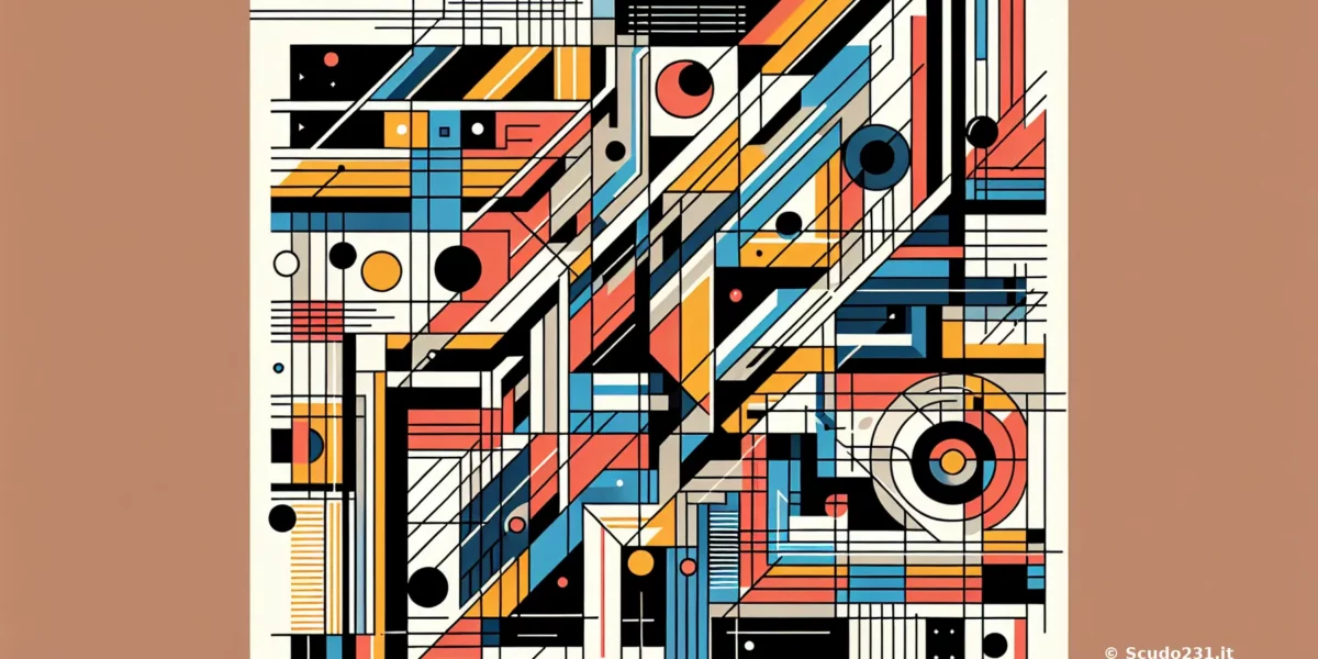Opera astratta geometrica multicolore di Scudo231 con linee nere, cerchi e rettangoli su sfondo chiaro, stile moderno e composizione articolata.