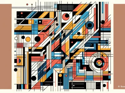 Opera astratta geometrica multicolore di Scudo231 con linee nere, cerchi e rettangoli su sfondo chiaro, stile moderno e composizione articolata.