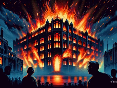 Nel cuore di una città scura, un edificio monumentale brucia tra fiamme intense mentre una folla osserva in silenzio lungo il canale.