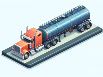 Un camion cisterna arancione e blu trasporta un lungo serbatoio cilindrico su una piattaforma stradale in una resa 3D isometrica.