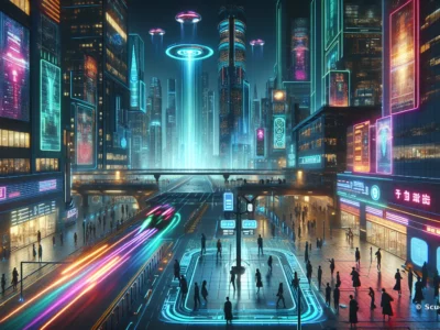 Una metropoli futuristica illuminata da insegne al neon, con grattacieli digitali, veicoli luminosi sospesi e persone lungo un boulevard.