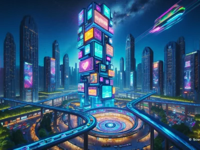 Nel panorama futuristico di Scudo231 si innalza una torre luminosa tra grattacieli, passerelle sospese e insegne al neon in una metropoli cyberpunk.