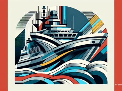Scudo231: raffigurazione astratta di una nave stilizzata con linee ondulate e colori vivaci blu, crema, rosso e turchese, firma © Scudo231.it