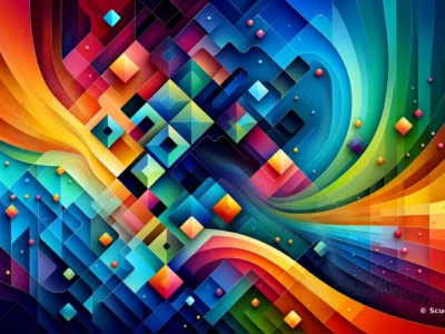 Composizione astratta con forme geometriche, onde multicolori e sfumature neon, con il marchio Scudo231.it visibile nell'angolo in basso a destra.