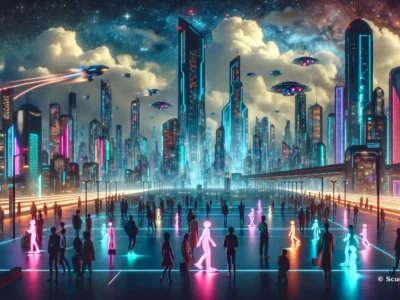 Una città futuristica illuminata da neon accoglie persone e veicoli volanti sotto un cielo stellato, tra grattacieli digitali e luci ciano e rosa.