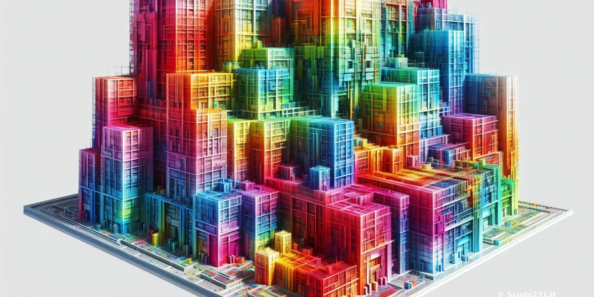 Scudo231: città di blocchi multicolore a forma cubica, densamente impilati, con tonalità arcobaleno e superfici traslucide, firma © Scudo231.it in basso a destra