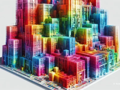 Scudo231: città di blocchi multicolore a forma cubica, densamente impilati, con tonalità arcobaleno e superfici traslucide, firma © Scudo231.it in basso a destra