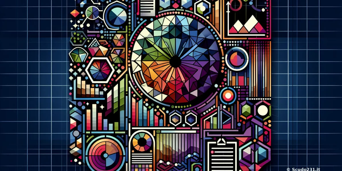 Scudo231: design colorato e geometrico con mosaico circolare centrale, forme poligonali, cerchi e linee grafici su sfondo blu a griglia.