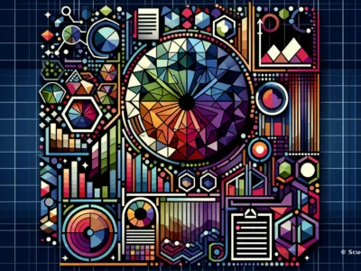 Scudo231: design colorato e geometrico con mosaico circolare centrale, forme poligonali, cerchi e linee grafici su sfondo blu a griglia.