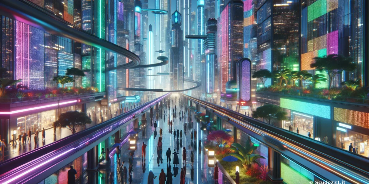 Scudo231, panorama urbano futuristico colorato con luci al neon, grattacieli brillanti, passerelle sospese e pedoni lungo una strada centrale.