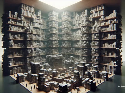 Enorme archivio grigio con scaffali colmi di documenti impilati, centro illuminato dall’alto e firma Scudo231 in basso a destra.