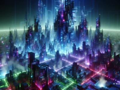 Paesaggio urbano futuristico con grattacieli neon blu e viola, linee digitali luminose e atmosfera cyberpunk su sfondo notturno firmata Scudo231.