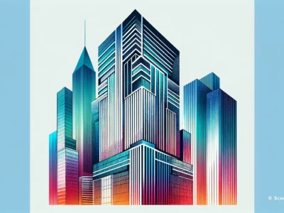 Illustrazione di grattacieli moderni in tinte vivaci con linee geometriche, firmata Scudo231.it, dal forte stile urbano e tecnologico.