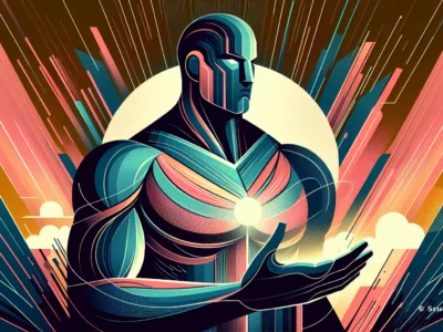 Illustrazione stile neon di Scudo231®: figura con casco e mani protese davanti a un nucleo luminoso multicolore, linee dinamiche su sfondo a raggi e fasce geometriche.