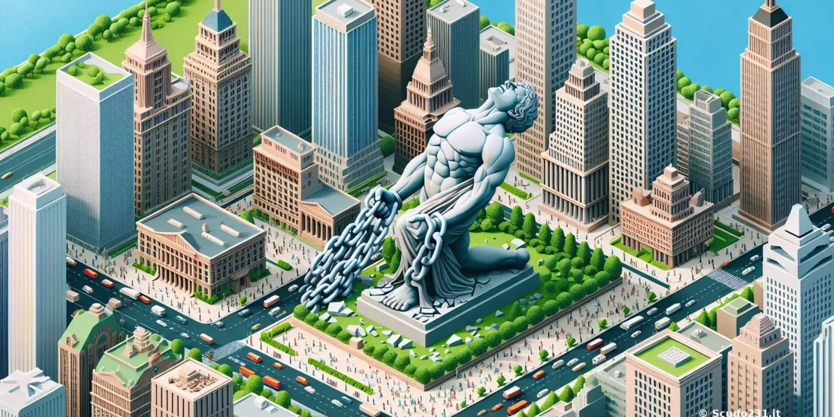 Scudo231: statua gigante in metallo azzurro che domina una città con grattacieli, catene avvolgono le mani e la figura si erge al centro della piazza.
