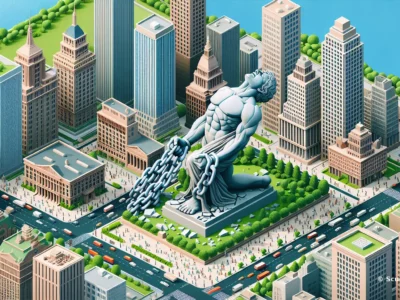 Scudo231: statua gigante in metallo azzurro che domina una città con grattacieli, catene avvolgono le mani e la figura si erge al centro della piazza.