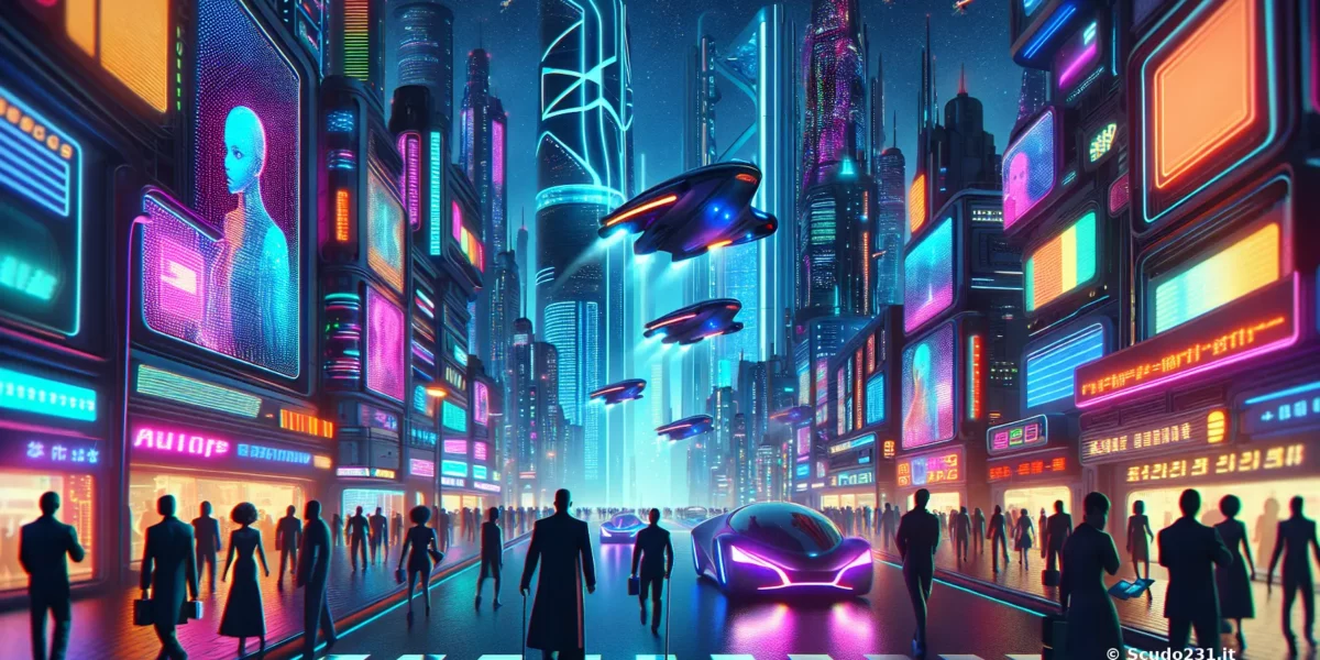 Scudo231: città futuristica illuminata al neon, veicoli volanti che sorvolano una strada affollata e gigantesche insegne luminose colorate.