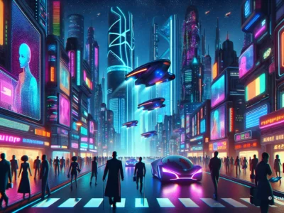 Scudo231: città futuristica illuminata al neon, veicoli volanti che sorvolano una strada affollata e gigantesche insegne luminose colorate.
