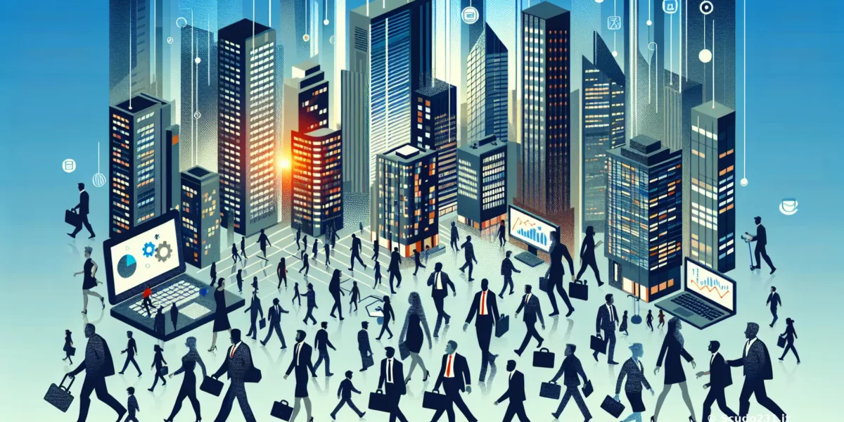 Scudo231: skyline urbano blu con grattacieli moderni e figure silhouettes in abiti scuri, cascata di icone digitali e finestre illuminate, tono dinamico e professionale