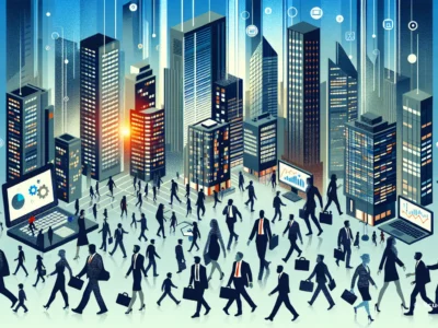 Scudo231: skyline urbano blu con grattacieli moderni e figure silhouettes in abiti scuri, cascata di icone digitali e finestre illuminate, tono dinamico e professionale