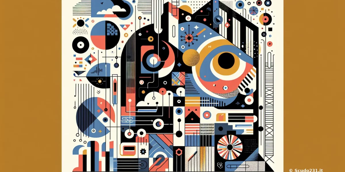 Scudo231: composizione astratta colorata con blu, arancione e nero, elementi circolari e lineari, figure geometriche e pattern complessi; firma © Scudo231.it presente nell’angolo inferiore destro