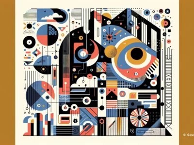 Scudo231: composizione astratta colorata con blu, arancione e nero, elementi circolari e lineari, figure geometriche e pattern complessi; firma © Scudo231.it presente nell’angolo inferiore destro