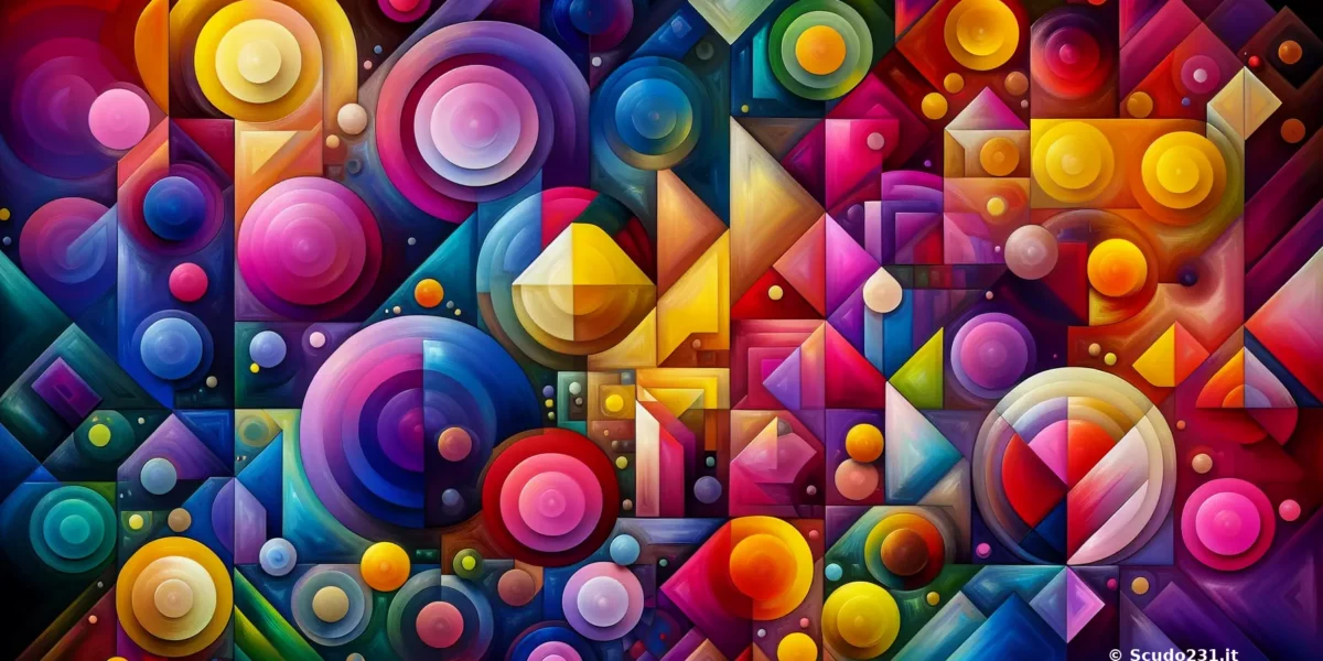 Scudo231 multicolore con motivi geometrici: cerchi, sfere e triangoli in tonalità rosse, blues, gialle e viola, effetto pittorico astratto e dinamico.