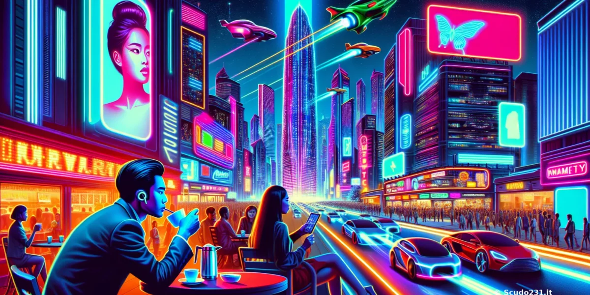 Scudo231: skyline futuristica neon, insegne luminose, veicoli volanti e persone sedute al tavolo con caffè, donna sullo sfondo e tablet in mano.
