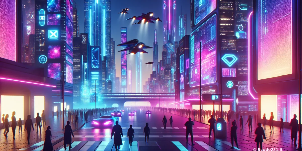 Scudo231 neon cityscape futuristica con grattacieli illuminati blu e viola, veicoli volanti e pedoni lungo una strada pedonale in una metropoli tecnologica notturna.