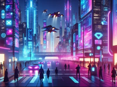 Scudo231 neon cityscape futuristica con grattacieli illuminati blu e viola, veicoli volanti e pedoni lungo una strada pedonale in una metropoli tecnologica notturna.