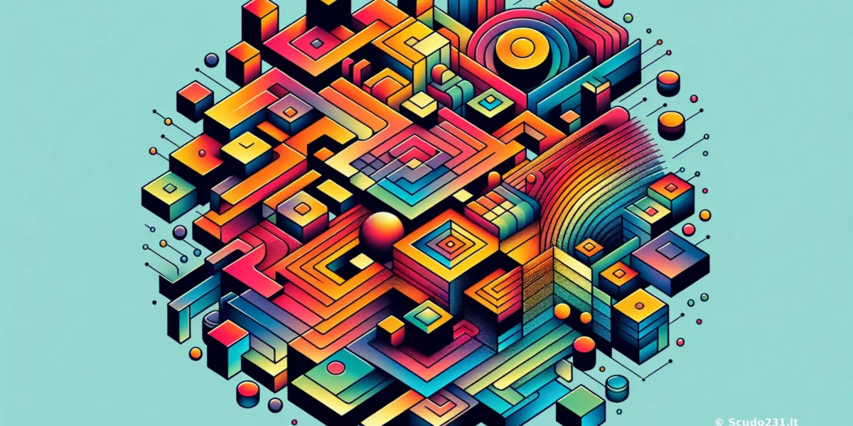 Illustrazione astratta con cubi colorati e forme geometriche su sfondo azzurro, grafica digitale tipo rete, con riferimento a Scudo231.it
