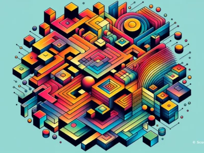 Illustrazione astratta con cubi colorati e forme geometriche su sfondo azzurro, grafica digitale tipo rete, con riferimento a Scudo231.it