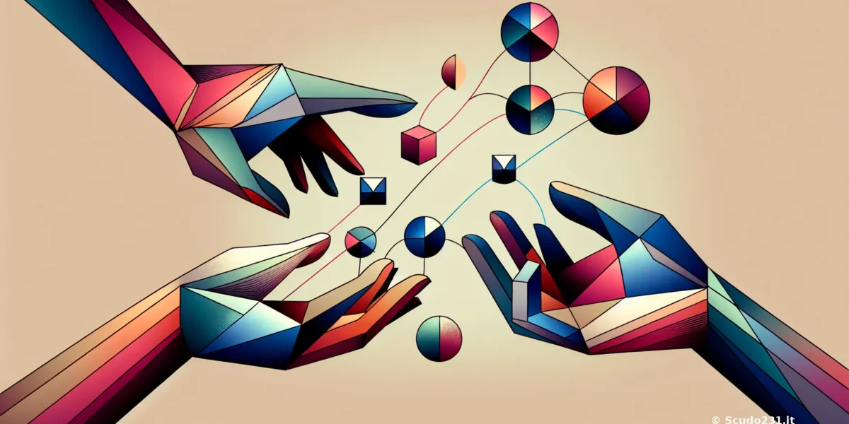 Illustrazione astratta con mani e forme geometriche multicolori, nodi circolari e linee di connessione, grafica Scudo231