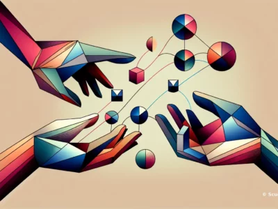 Illustrazione astratta con mani e forme geometriche multicolori, nodi circolari e linee di connessione, grafica Scudo231