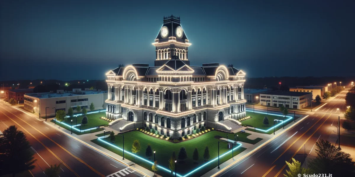 Scudo231: edificio monumentale illuminato notturno con torre dell’orologio e viali luminosi blu, in una visione dall’alto.
