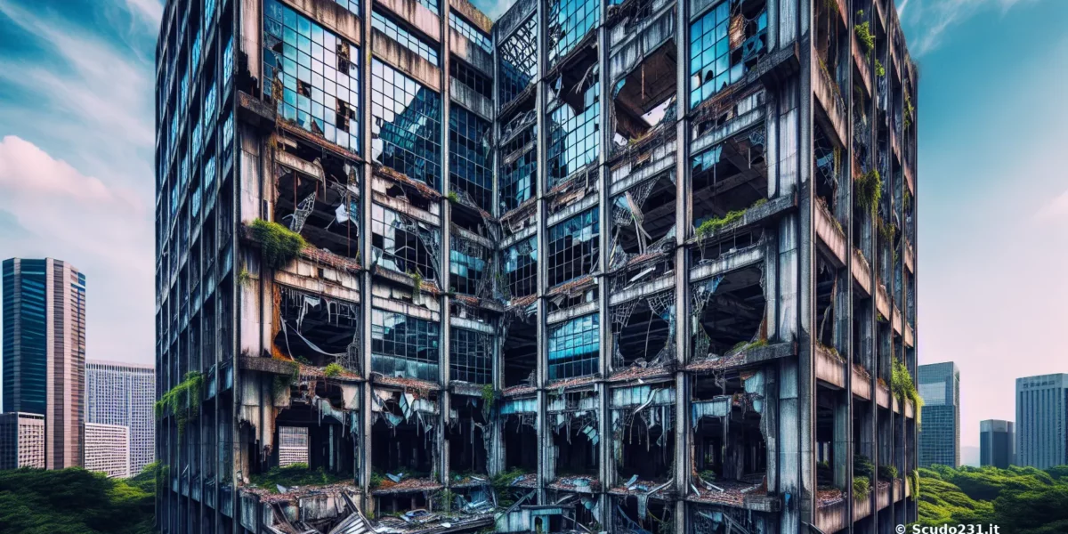 Edificio industriale danneggiato e crollato con facciate metalliche, finestre rotte e finestre a griglia, tra torri urbane in lontananza.