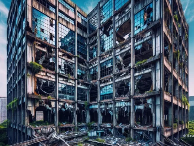 Edificio industriale danneggiato e crollato con facciate metalliche, finestre rotte e finestre a griglia, tra torri urbane in lontananza.