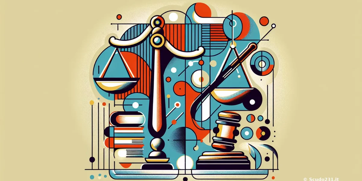 Illustrazione astratta blu e rossa con libri impilati, elementi geometrici e grafiche circolari; watermark © Scudo231.it
