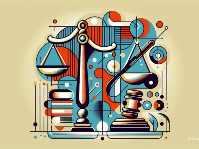 Illustrazione astratta blu e rossa con libri impilati, elementi geometrici e grafiche circolari; watermark © Scudo231.it