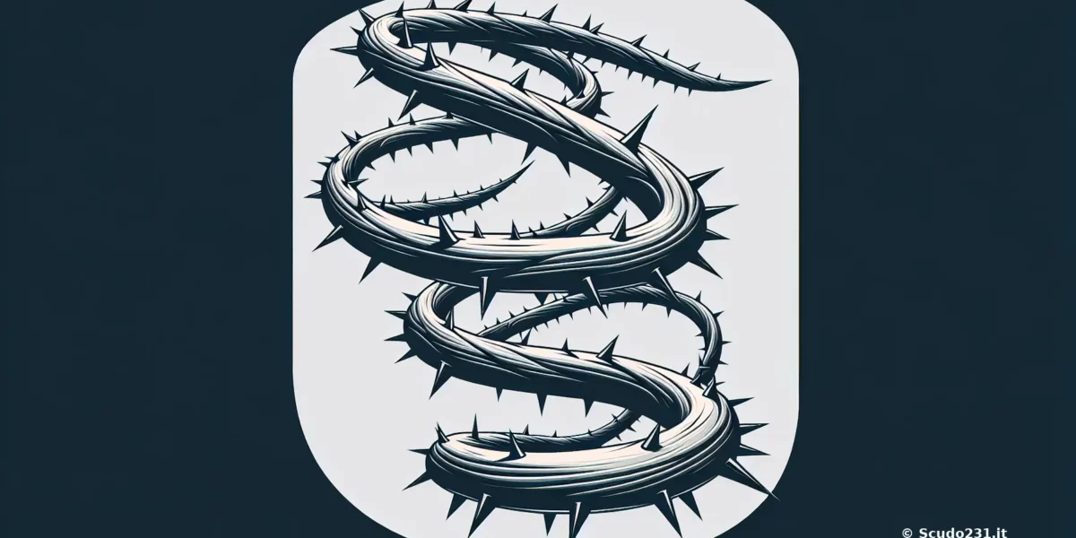 Emblema Scudo231® con forme a catena nere e grigie, segmenti intrecciati e contorni appuntiti su sfondo blu scuro.