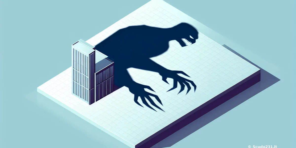 Scudo231® illustra un edificio isometrico con silhouette blu scuro e sagome minacciose, su sfondo chiaro, simbolo di attacchi e rischio