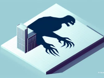 Scudo231® illustra un edificio isometrico con silhouette blu scuro e sagome minacciose, su sfondo chiaro, simbolo di attacchi e rischio