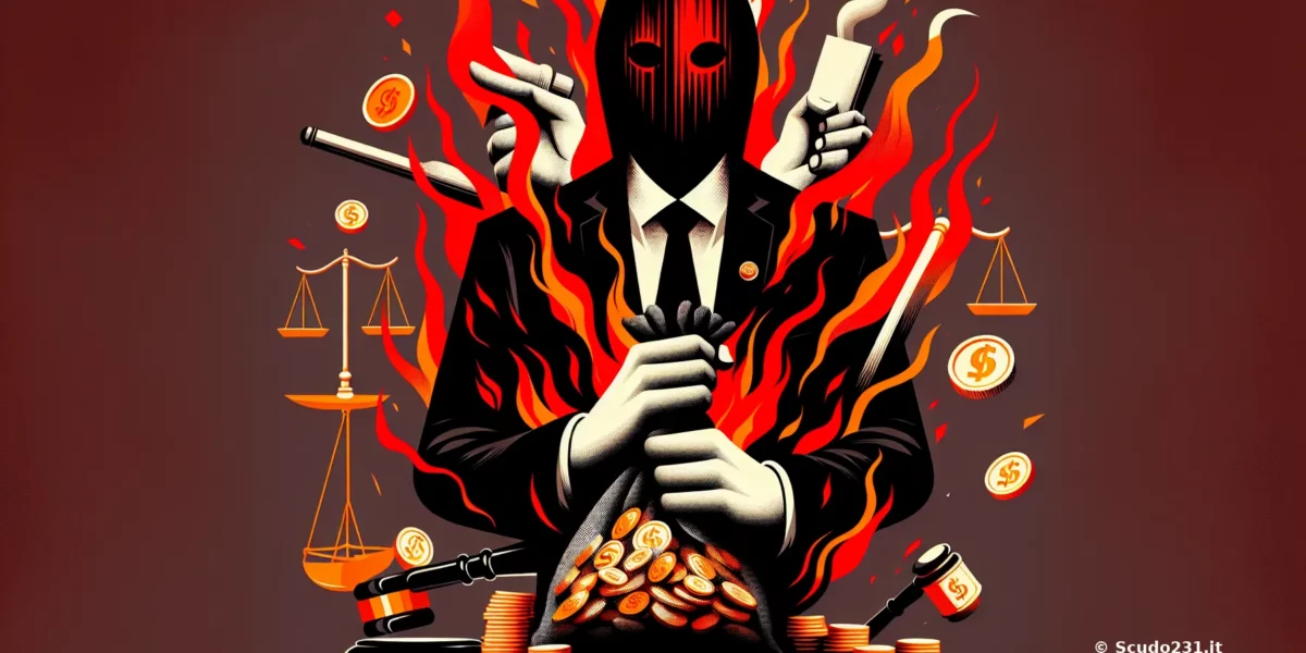 Illustrazione Scudo231 con figura mascherata, fiamme rosse e monete d’oro: bilancia, martelletto e simboli di denaro in scena.