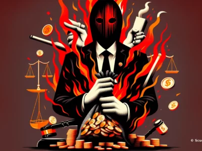 Illustrazione Scudo231 con figura mascherata, fiamme rosse e monete d’oro: bilancia, martelletto e simboli di denaro in scena.